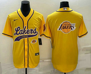 Men%27s Los Angeles Lakers Yellow Team Big Logo With Patch Cool Base Stitched Baseball Jersey->phoenix suns->NBA Jersey